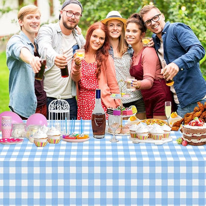 3 Pack Light Blue Gingham Tablecloth Rectangular Pale Blue and White Checkered Tablecloths Disposable Plastic Plaid Table Cover for Parties, Outdoor Picnic, Birthday, Wedding, Camping 54 × 108 Inch
