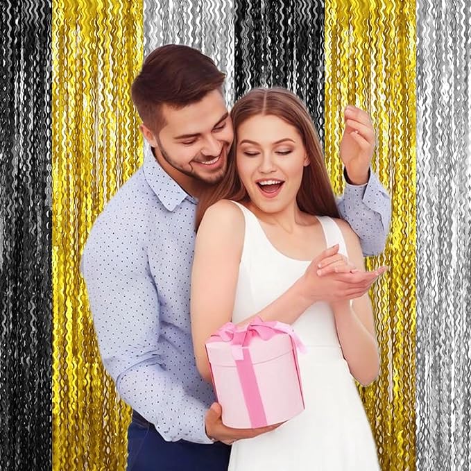 4 Pack Black Gold Silver Fringe Curtain Backdrop 3.2Ft x 8.2Ft Metallic Tinsel Foil Fringe Streamers Background for Photo Booth Mother's Day, Easter, Carnival, Birthday, Wedding Party Decoration