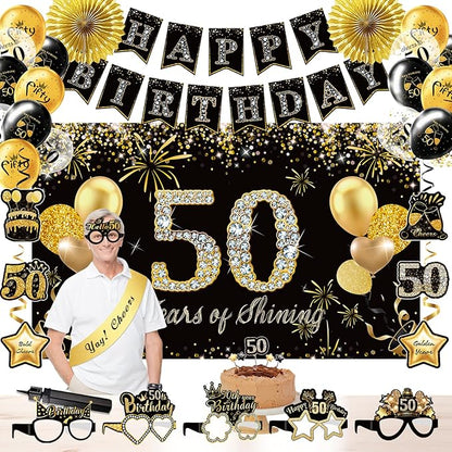 50th Birthday Decorations,39pcs-50th Birthday Decorations for Men & Women,Black Gold 50th Birthday Eyeglasses Decorations Banner Balloons Backdrop Hanging Swirls Paper Fans ,1975 Banner Party Supplies