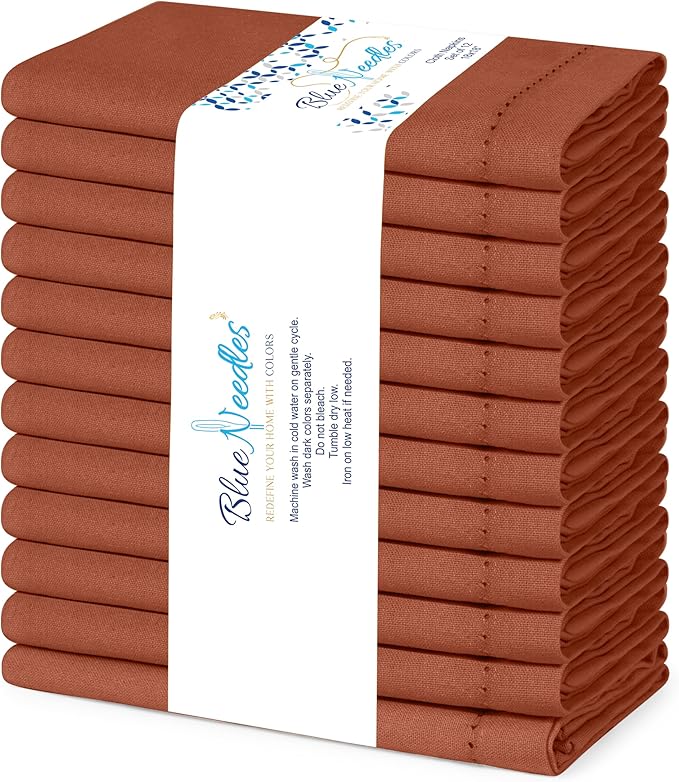 Blue Needles Set of 12 Hemstitch Linen Napkins 100% Cotton Rust Cloth Dinner Napkins 18x18 inches, Soft, Reusable, Absorbent, Washable, Ideal for Fall Thanksgiving Events, Parties & Everyday Use