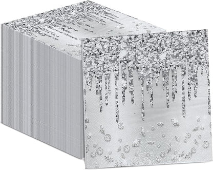 100PCS Silver Party Paper Napkins Happy Birthday Supplies Glitter Decorations Silver Diamond Theme Disposable Paper Lunch Napkins for Adults Kids Birthday Wedding Bridal Shower Favors