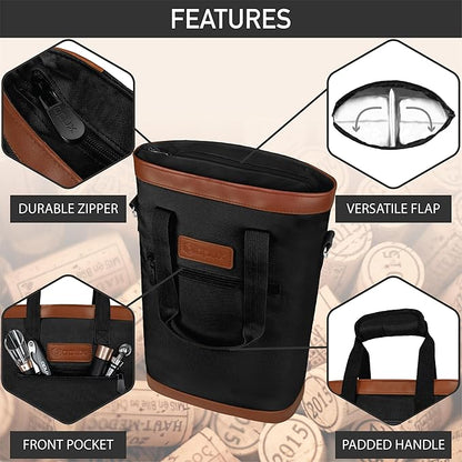 opux Two Bottle Wine Bag Carrier Tote, Insulated Leakproof 2 Bottle Wine Cooler Bag for Travel BYOB Picnic, Portable Wine Case, Gift for Men Women Wine Lover Birthday Party Christmas, Black