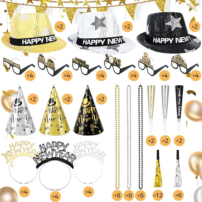 96 Pcs New Year's Eve Party Supplies for 24 Guests, 2026 Happy New Years Decoration with Silver Gold Black Top Hats, Cone Hats, Glitter Tiaras, Beaded Necklace, Squawkers, Noise Makers for Party Decor
