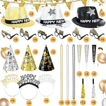 96 Pcs New Year's Eve Party Supplies for 24 Guests, 2026 Happy New Years Decoration with Silver Gold Black Top Hats, Cone Hats, Glitter Tiaras, Beaded Necklace, Squawkers, Noise Makers for Party Decor