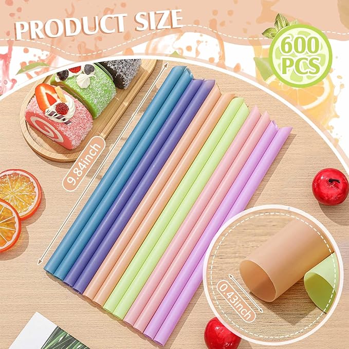 Tessco for you 600 Pcs 9.84 Inch Smoothie Straws Bulk Disposable Bubble Tea Straws Large Plastic Individually Wrapped Colorful for Tall Homemade Milkshakes (Morandi Color)