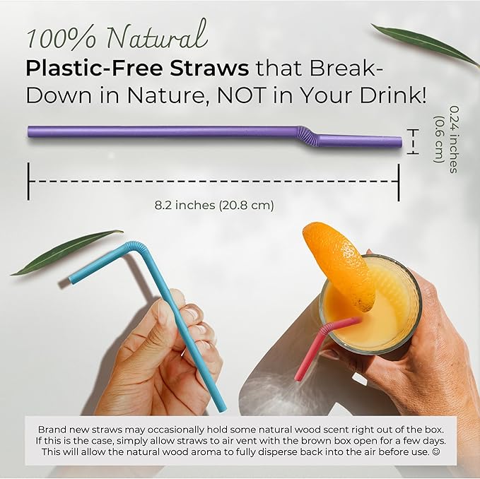 Colorful, Flexible Biodegradable Sugarcane Straws, 120 Count | 100% Compostable, Plastic-Free, Eco-Friendly Drinking Straws for Cold Drinks | 7.8" Bendable, Multi-Color Disposable Straw Set