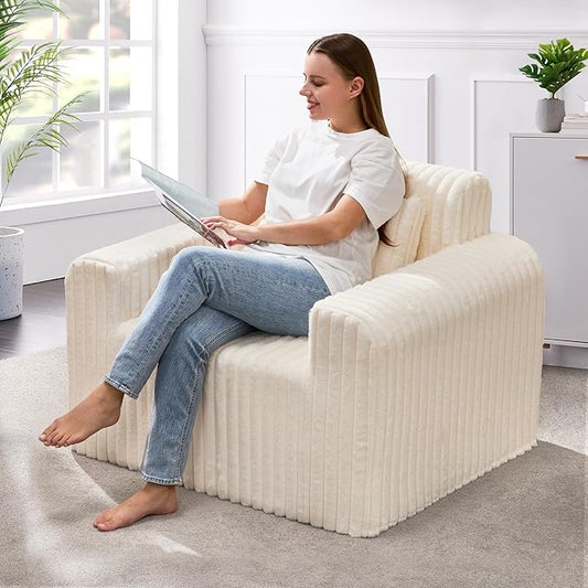Hobestluk Single Sofa Foam Couch Sofa for Small Spaces Comfy Sofas with Removable Cover Furry Couch with Pillows for Living Room, Bedroom, Apartment, Office (White, Standard)