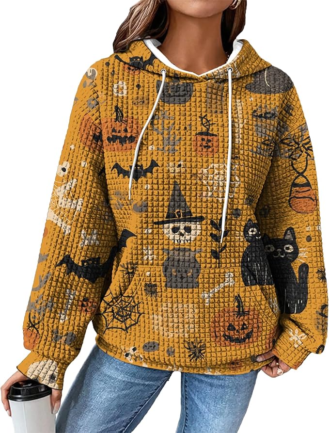 Halloween Sweatshirts for Women Novelty Graphic Drawstring Waffle Hoodies Loose Casual Pullover Tops with Pocket