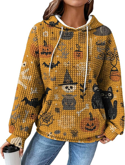 Halloween Sweatshirts for Women Novelty Graphic Drawstring Waffle Hoodies Loose Casual Pullover Tops with Pocket