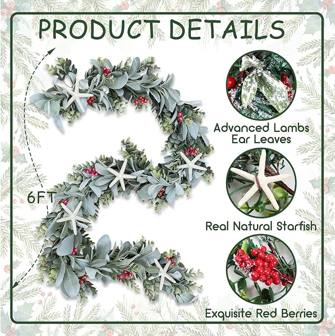 6 Feet Natural Starfish Christmas Garland for Mantle Sea Star Fish Artificial Garland with Lamb's Ear Leaves Pinecone Red Berries for Home Kitchen Cabinet Christmas Tree Farmhouse Porch Fireplace
