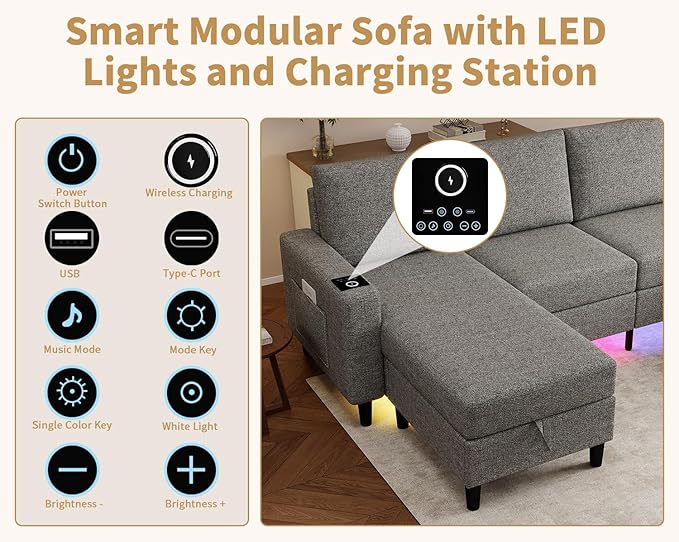 Smart Sectional Couches for Living Room, 6 Seat U/L Shaped Sectional Sofa with RGB Light/Charging, Modern Living Room Furniture for Apartments/Office/More (Light Gray)