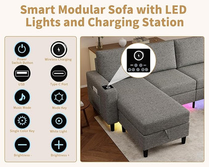 Smart Sectional Couches for Living Room, 6 Seat U/L Shaped Sectional Sofa with RGB Light/Charging, Modern Living Room Furniture for Apartments/Office/More (Light Gray)