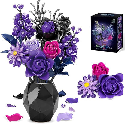 Purple Roses Bouquet Building Blocks Set, Botanical Collection Artificial Flowers Compatible with Lego Flowers, Christmas Decor Gift for Adults Teens Women, Gothic Home Decor Bouquet