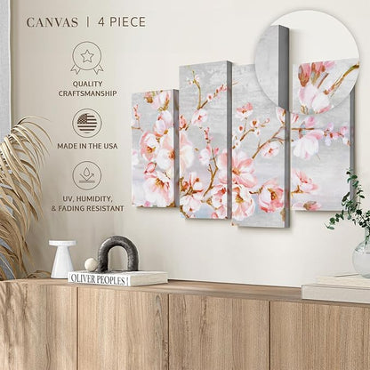 Elephant Stock Spring Cherry Blossoms Wall Art - Horizontal Canvas - 4-Piece Living Room Wall Decor - Painting Floral and Botanical Canvas Print - Pink and Brown Decor for Wall by Eva Watts - 68" X 42"