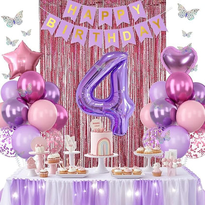 Pink Purple 4th Birthday Party Decorations for Girls Number 4 Balloon Happy Birthday Banner Butterfly Stickers Fringe Curtain Paper Pom Poms Metallic Hot Pink Star Foil Balloons 4 Year Old Princess