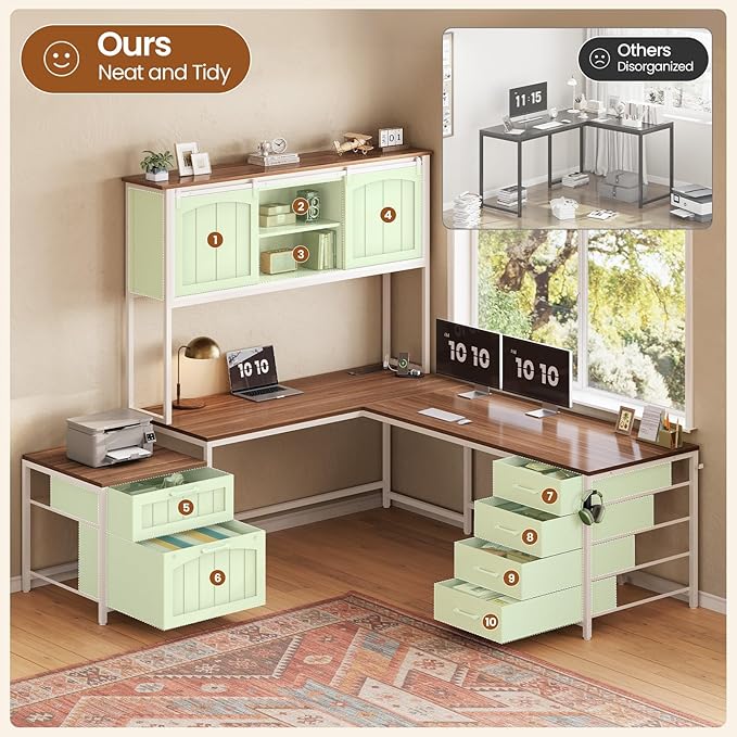 SEDETA Farmhouse L Shaped Office Desk with 6 Drawer, Reversible Computer Desk with Power Outlet, Hutch for Home Office/Two Person, Corner Desk with File Drawer & Printer Storage Shelves, White
