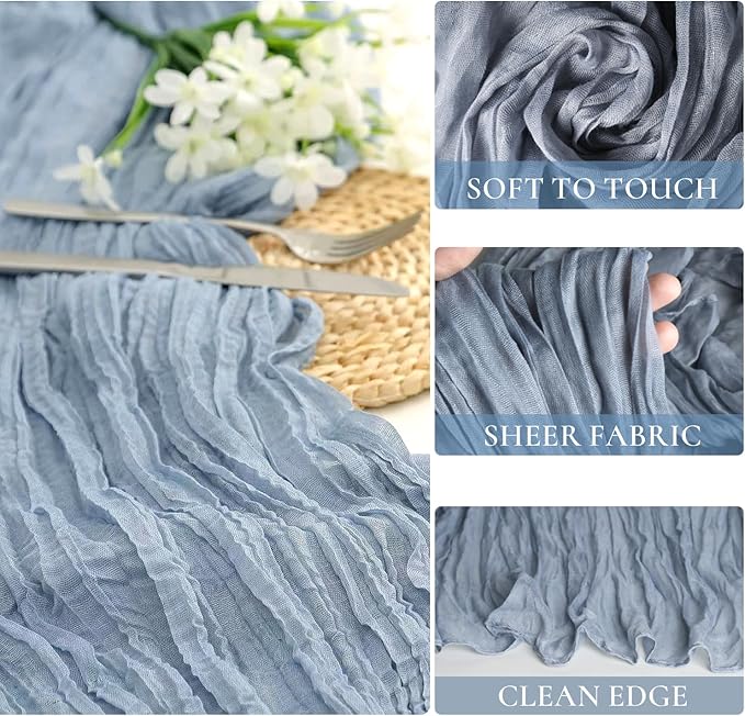 12 Pack Dusty Blue Cheesecloth Table Runners 35x120 Inch,10FT Boho Blue Gauze Table Runner Cheese Cloth for Wedding Party Baby Shower Christmas Home Decorations