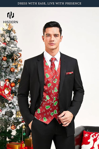 HISDERN Men's Suit Vest Christmas Holiday Season Party Jacquard Waistcoats Necktie Pocket Square Vest Suit Set