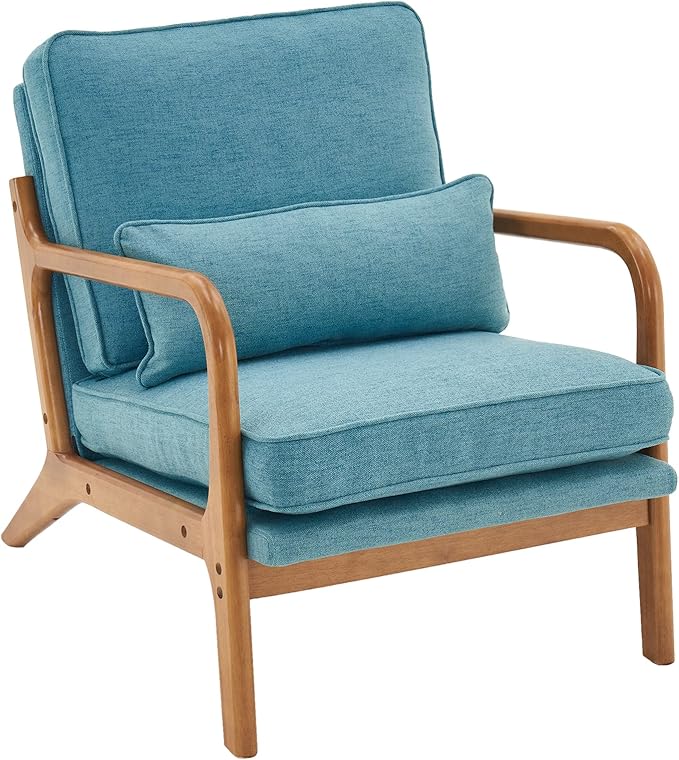 Bonnlo LinenTeal Mid Century Modern Accent Chair, Soild Wood Padding Lounge Armchairs Side Sitting Chairs for Living Room, Bedroom, Guest Room