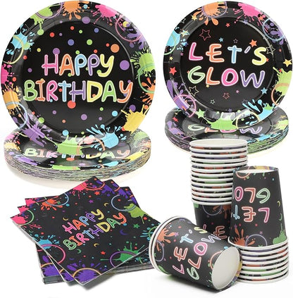 96pcs Birthday Party Disposable Tableware Set Birthday for 24 Guest Kids Coloful Black Party Supplies（Include plates，cups and napkins）