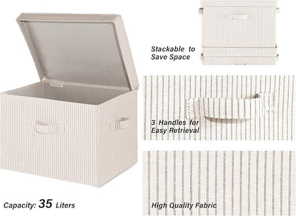 StorageWorks Fabric Storage Bins with Lid, Decorative Storage Boxes for Shelves, Stackable Closet Organizer Basket with Handles, Jumbo, Khaki and Beige Stripes, 2-Pack
