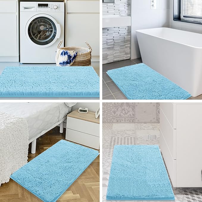 Smiry Luxury Chenille Bathroom Rugs 70x24, Extra Soft and Absorbent Shaggy Bath Mat, Machine Washable, Non-Slip Plush Carpet Runner for Tub, Shower, and Floor, Home Decor Accessories, Sky Blue