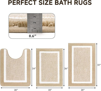Pauwer Bathroom Rugs Sets 3 Piece Bathroom Shower Rugs with U-Shaped Contour Toilet Mat Absorbent Microfiber Plush Bath Mats Non Slip Bath Rugs Machine Washable Shaggy Bath Floor Mats