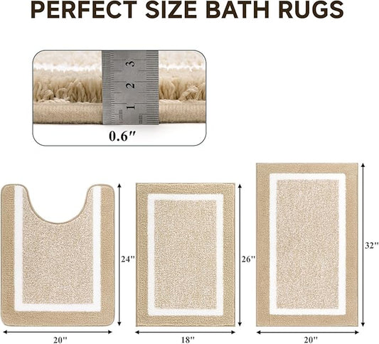 Pauwer Bathroom Rugs Sets 3 Piece Bathroom Shower Rugs with U-Shaped Contour Toilet Mat Absorbent Microfiber Plush Bath Mats Non Slip Bath Rugs Machine Washable Shaggy Bath Floor Mats
