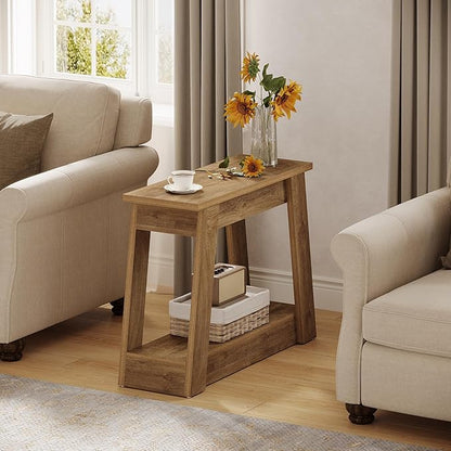 Tribesigns Wood End Table, Small Side Table with 2 Storage Shelves, Rustic Accent Narrow Nightstand for Living Room, Bedroom (1, Light Brown)