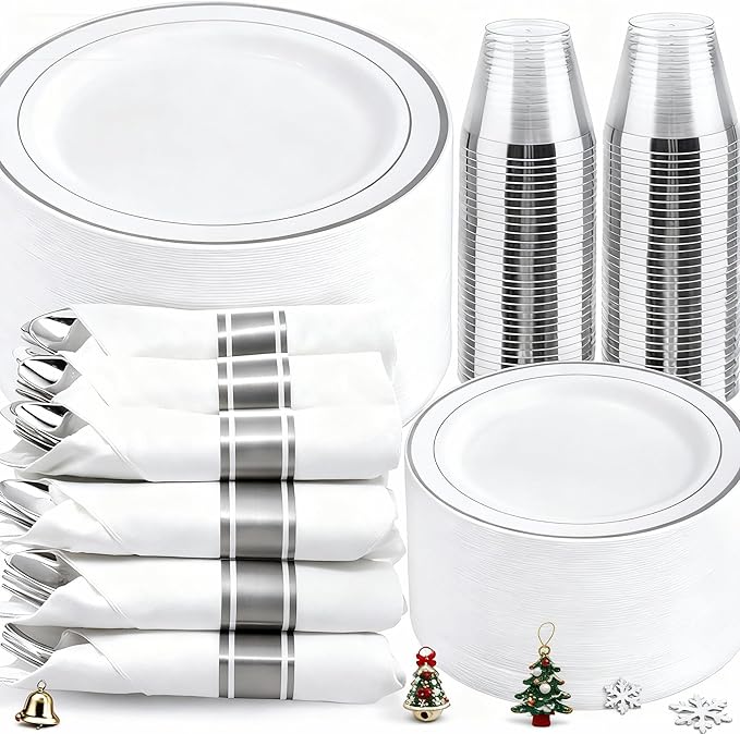 WELLIFE 350Pcs Silver Plastic Plates for 50 Guests - Disposable Dinnerware Set, Christmas Party Supplies Includes 100 Silver plates,150 Silverware,50 Napkins,50 Cups,Christmas Plates Disposable