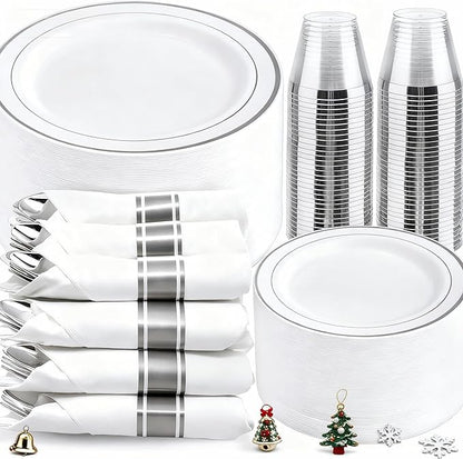 WELLIFE 350Pcs Silver Plastic Plates for 50 Guests - Disposable Dinnerware Set, Christmas Party Supplies Includes 100 Silver plates,150 Silverware,50 Napkins,50 Cups,Christmas Plates Disposable