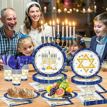 168pcs Hanukkah Party Supplies Include Plates Napkins Cups Forks for Hanukkah Deco Paper Disposable Party Tableware Set Serve 24 Guests