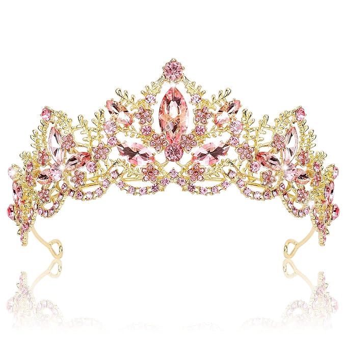 Pink Tiara for Women Gold Crown for Girls Wedding Princess Birthday Crystal Rhinestones Headbands for Prom Bridal Party Halloween Costume Christmas Gift