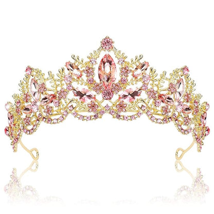Pink Tiara for Women Gold Crown for Girls Wedding Princess Birthday Crystal Rhinestones Headbands for Prom Bridal Party Halloween Costume Christmas Gift