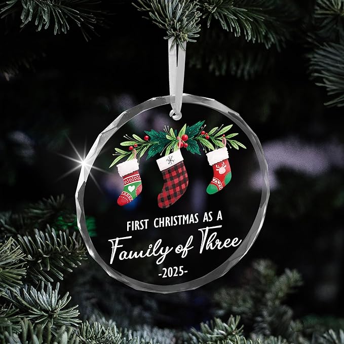 Baby's First Christmas Ornaments 2025 - Christmas Tree Decoration Glass Ornaments - New Parents Mom Dad, Baby First Ornament, First Christmas As A Family of Three, Ideal for New Mom Dad