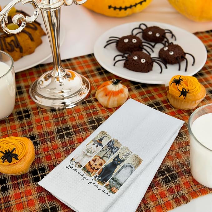 Fall Halloween Kitchen Towels, for Women Men Dish Tea Towels for Kitchen Decor, Spooky Pumpkin Ghost Black Cat Decorative Hand Towel for Bathroom, 16x24 Inches