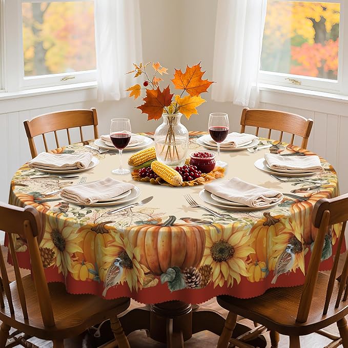 Eikione Sunflower Round Tablecloth 60In, Fall Tablecloth Waterproof and Reusable, Yellow Flower Rustic Floral Table Covers for Holiday Outdoor Decor