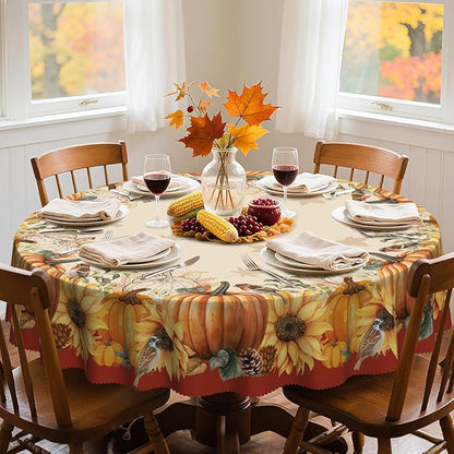 Eikione Sunflower Round Tablecloth 60In, Fall Tablecloth Waterproof and Reusable, Yellow Flower Rustic Floral Table Covers for Holiday Outdoor Decor