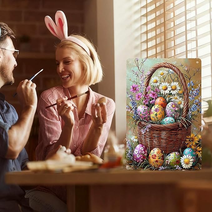 Easter Tin Sign Rabbit Vintage Bunny Party Decor Metal Sign Home Office Living Room Yard Primitive Country Design 8x12Inch