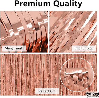 Thicken Rose Gold Streamers 4 Pack 3.2 x 8.2 FT, Tinsel Backdrop Curtains, Birthday Decorations for Women Girls, Foil Fringe Photo Backdrop for Bridal Shower, Baby Shower Party Decorations