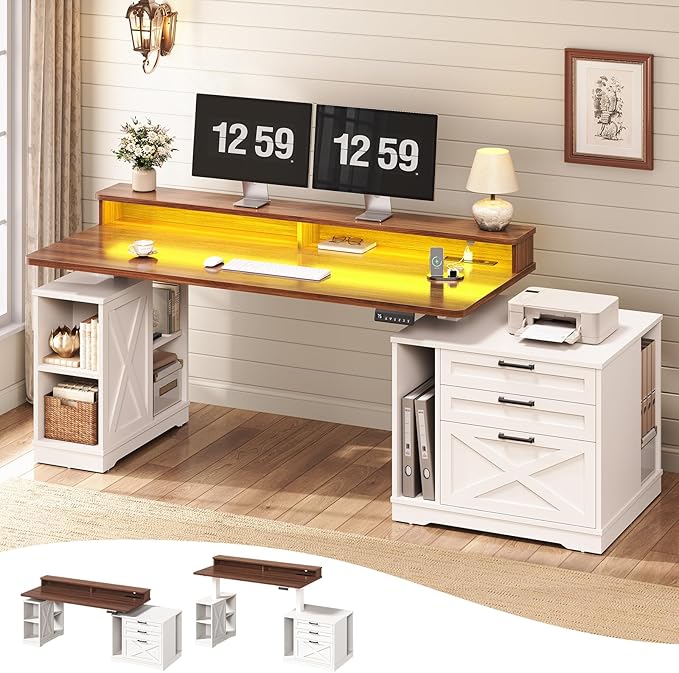 SEDETA Farmhouse Electric Standing Desk, 55" Height Adjustable Computer Desk with 3 Drawers, File Cabinet, Storage Shelves, Power Outlets, Wood Home Office Desk for Work, Study, Writing, White