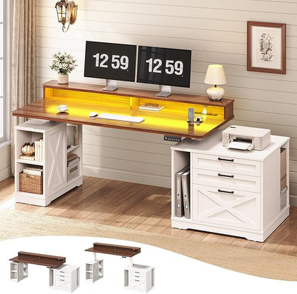 SEDETA Farmhouse Electric Standing Desk, 55" Height Adjustable Computer Desk with 3 Drawers, File Cabinet, Storage Shelves, Power Outlets, Wood Home Office Desk for Work, Study, Writing, White