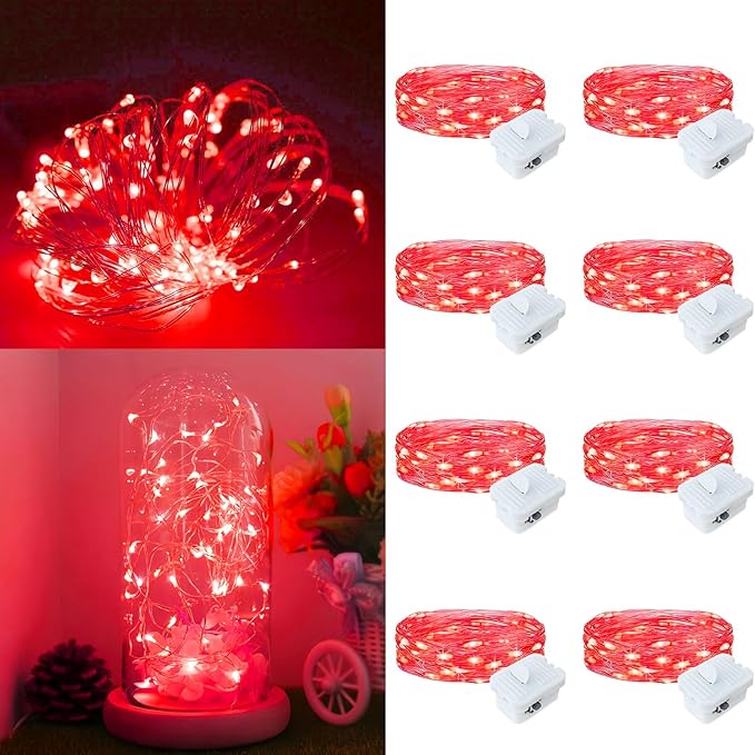 Fairy Lights,Silver Wire String Lights Waterproof,Battery Operated 7FT 20LED Firefly Starry Moon Lights for DIY Christmas Wedding Party Bedroom Decor (Red, 8 Pack)