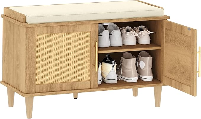 Rattan Shoe Storage Bench with Cushion, 2-Tier Entryway Bench with Adjustable Shelves and 2 Doors, 15" D x 31.5" W x 20" H, Solid Wood Legs, for Hallway, Living Room, Bedroom, Natural Oak