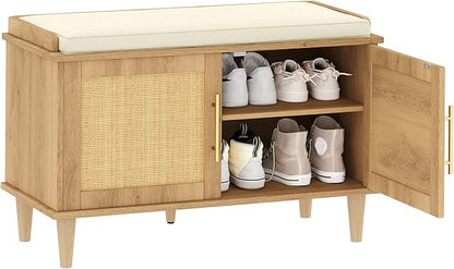 Rattan Shoe Storage Bench with Cushion, 2-Tier Entryway Bench with Adjustable Shelves and 2 Doors, 15" D x 31.5" W x 20" H, Solid Wood Legs, for Hallway, Living Room, Bedroom, Natural Oak