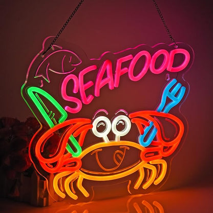 Seafood Neon Sign, Neon Lights Hanging Wall Art Decoration for Restaurant Shop Market Mall Grocery Bar Celebration Home Decor, USB Powered Ultra Bright Dimmable, 14.96 * 12.6inches