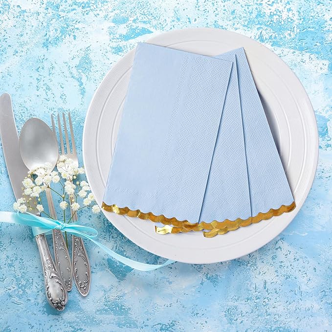 50 Pack Dinner Napkins Paper Decorative, Gold Foil Scalloped Edged Guest Napkins Disposable for Wedding, Shower Baby, Birthday Parties Supplies (4 x 8 In, Blue)