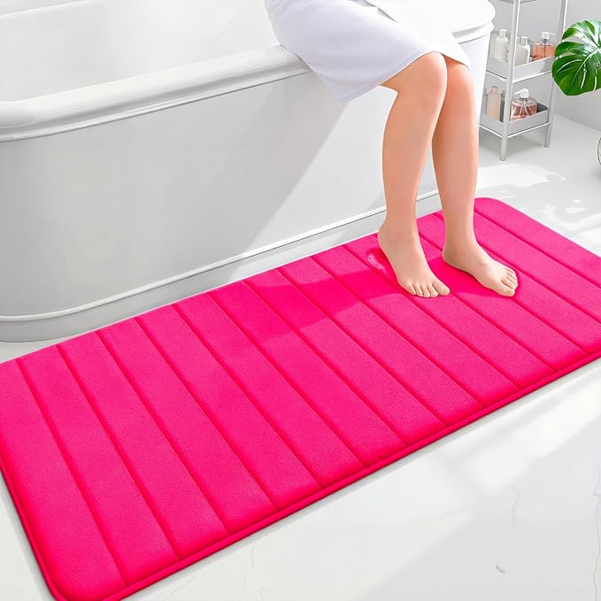 OLANLY Memory Foam Long Bathroom Rugs Runner 59x24, Super Soft Absorbent Bath Mat, Quick Dry, Machine Washable Shower Floor Rugs, Bathmat Carpet, Bathroom Home Decor Accessories, Hot Pink