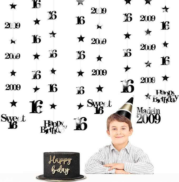 12PCS Black 16th Birthday Decorations Number 16 and 2009 Star Garland Hanging Streamer Banner Backdrop for Girls Boys Cheers to 16 Years Old Birthday Made in 2009 Sweet Sixteen Party Decor Supplies