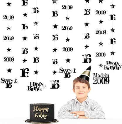12PCS Black 16th Birthday Decorations Number 16 and 2009 Star Garland Hanging Streamer Banner Backdrop for Girls Boys Cheers to 16 Years Old Birthday Made in 2009 Sweet Sixteen Party Decor Supplies